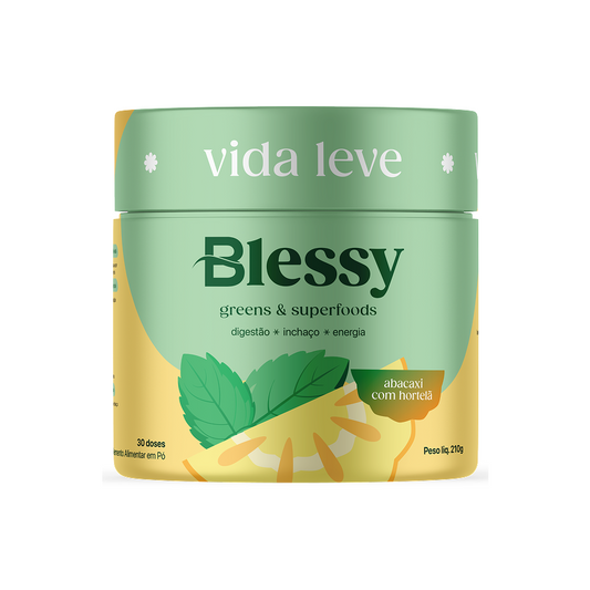 Pote de Blessy Greens & Superfoods sabor Abacaxi com Hortelã, 210g, 30 doses