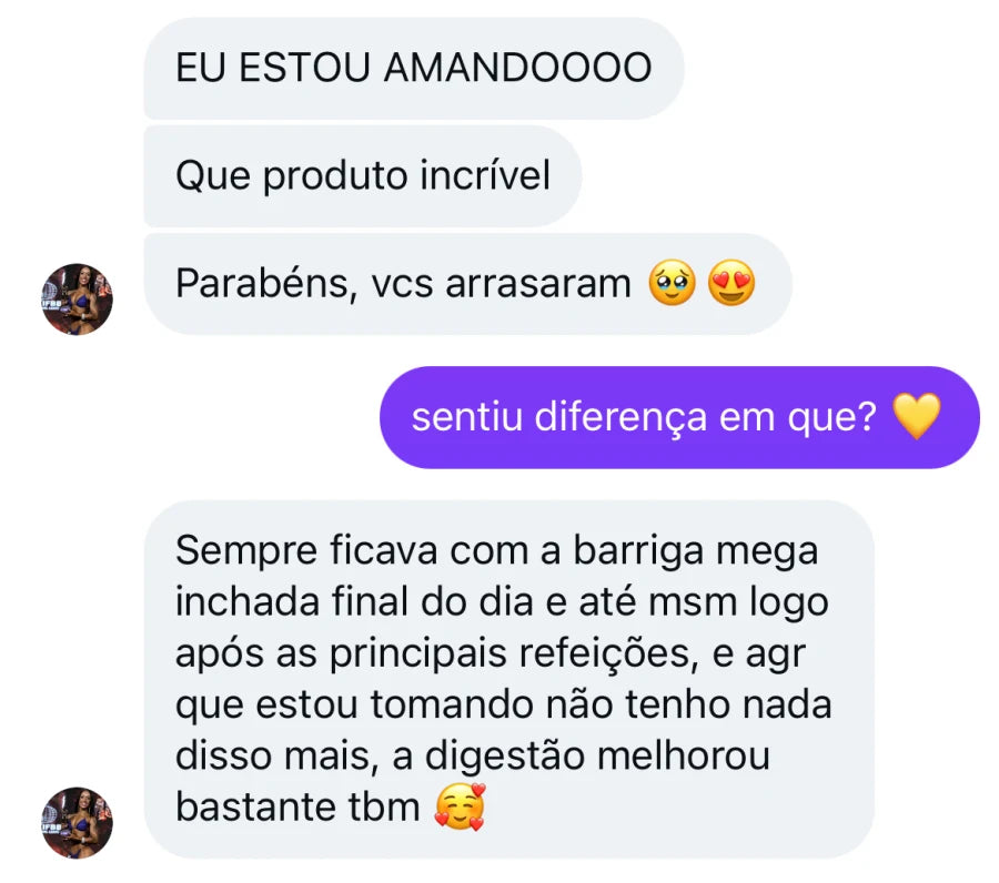 Depoimento de cliente que diz que ficava com barriga muito inchada no fim do dia e após refeicoes; agora não sente mais isso e a digestão melhorou.