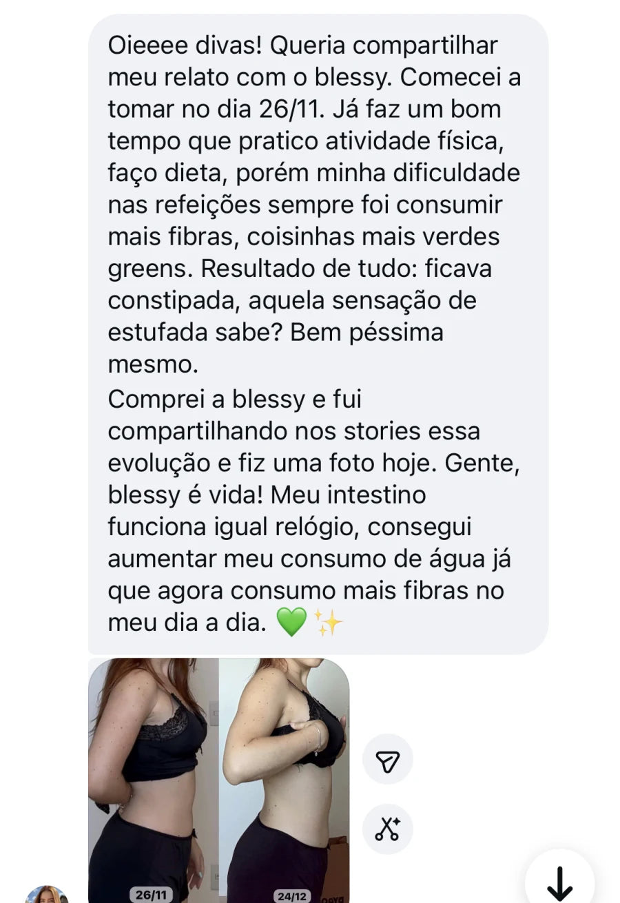 Depoimento de cliente que relato longo: antes ficava constipada e estufada; depois diz que o intestino funciona igual relógio, com foto de antes/depois.