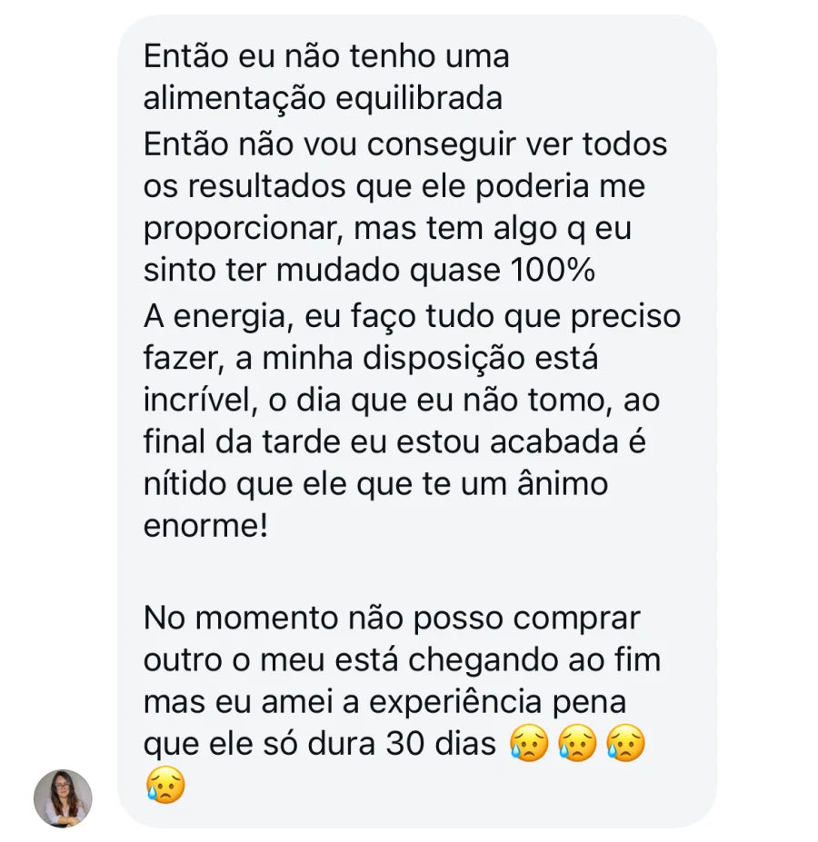 Depoimento de cliente que relata aumento quase total de energia, disposição incrivel e experiência positiva.