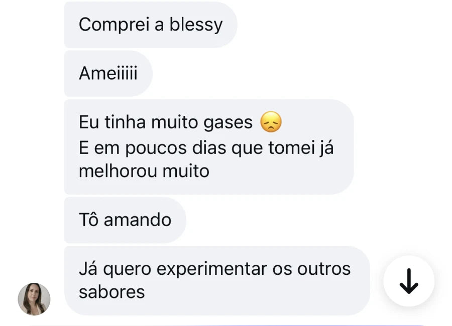 Depoimento de cliente que diz que tinha muitos gases e em poucos dias melhorou muito; quer experimentar outros sabores.