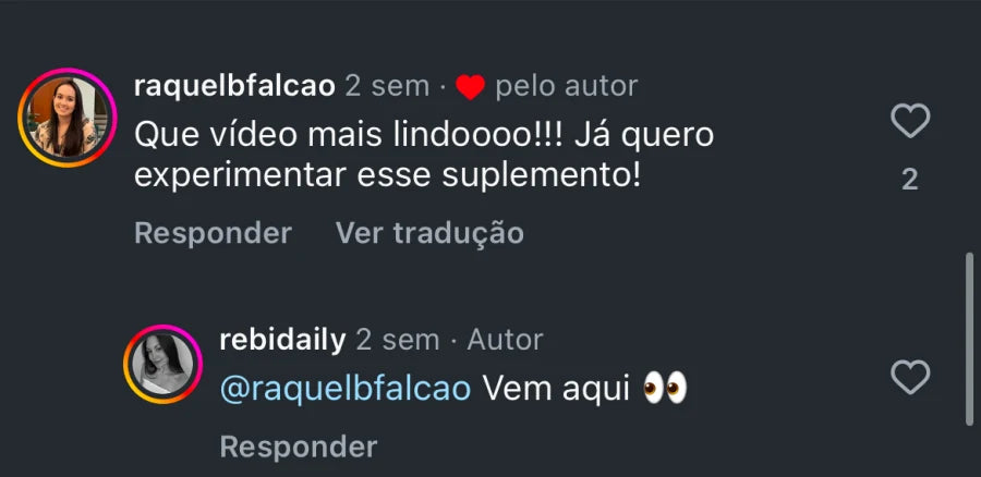 Depoimento de cliente que elogia o vídeo da marca e diz que quer experimentar o suplemento.