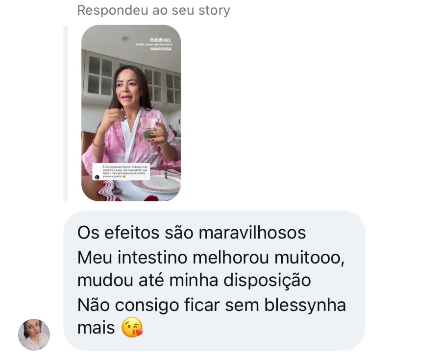 Depoimento de cliente que diz que os efeitos são maravilhosos, intestino melhorou muito, disposição mudou e não fica sem.