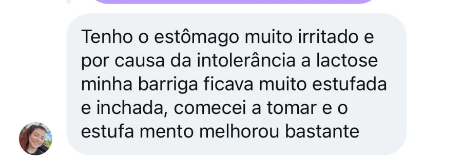Depoimento de cliente que com intolerância a lactose relata estômago irritado, barriga estufada/inchada e melhora do estufamento.