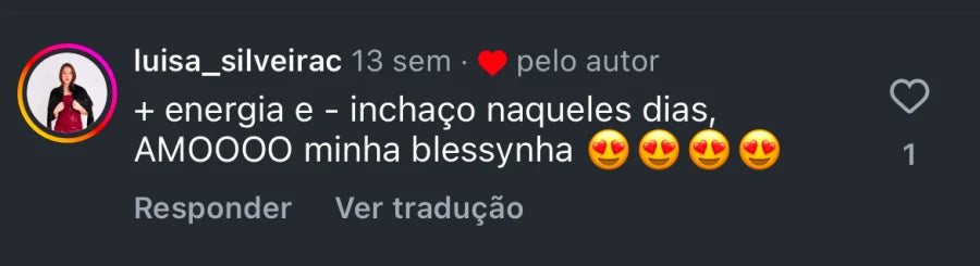 Depoimento de cliente que relata mais energia e menos inchaço durante o período menstrual, dizendo que ama a Blessy.