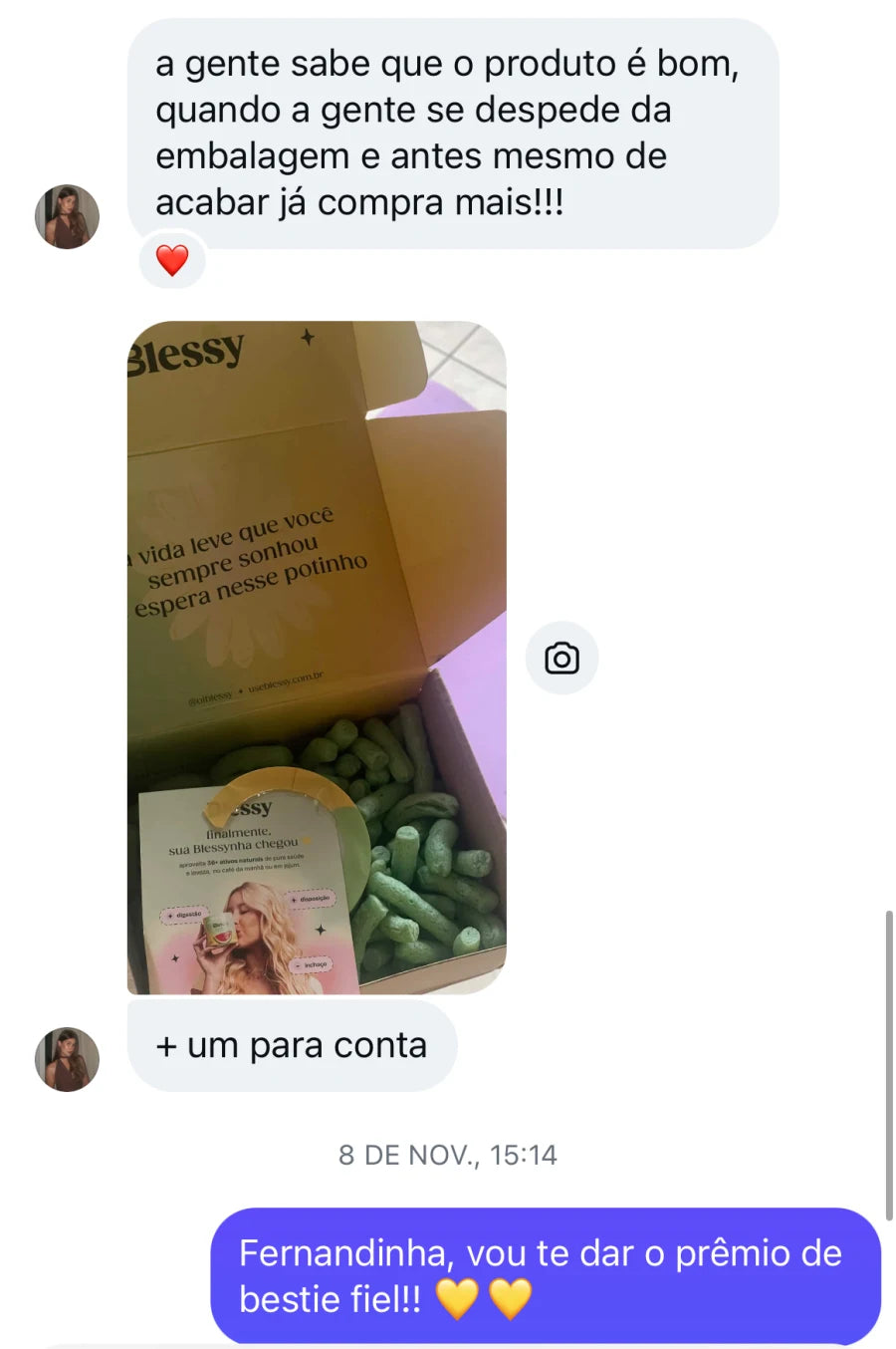 Depoimento de cliente que diz que o produto e bom quando a pessoa compra mais antes mesmo de acabar a embalagem.