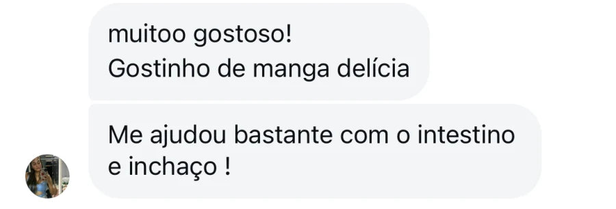 Depoimento de cliente que elogia o sabor manga e diz que ajudou bastante com intestino e inchaço.